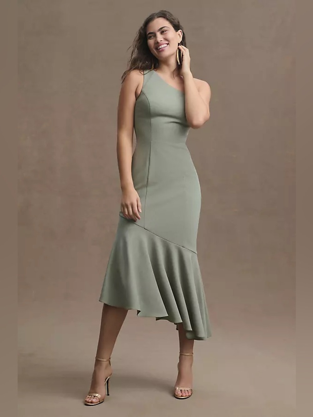 BHLDN Ainsley Crepe One-Shoulder Midi Dress in Green